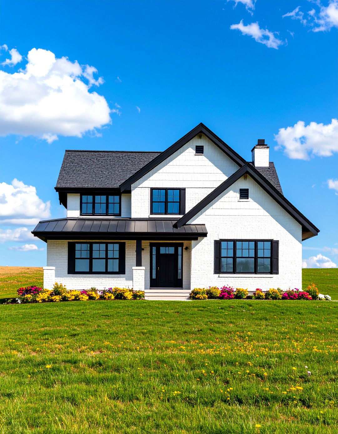 Prairie School Brick Interpretation - 24 White Brick House With Black Trim