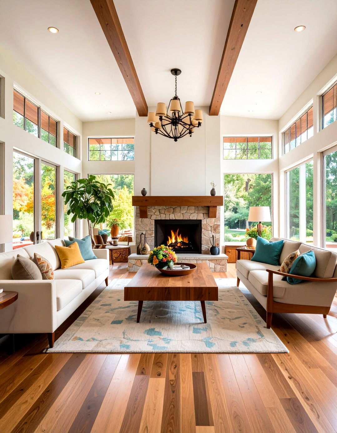 Prairie Style Fireplace With Horizontal Ceiling Elements - 24 Rooms With Fireplaces With Vaulted Ceilings Features