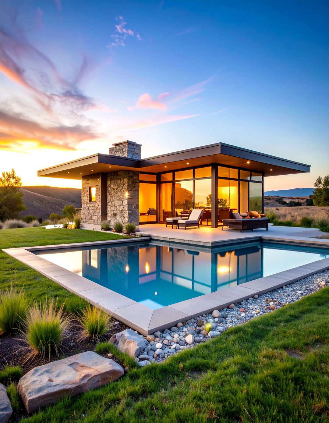 Prairie Style Pool House with Frank Lloyd Wright Elements - 24 Pool House With Outdoor Kitchen Ideas