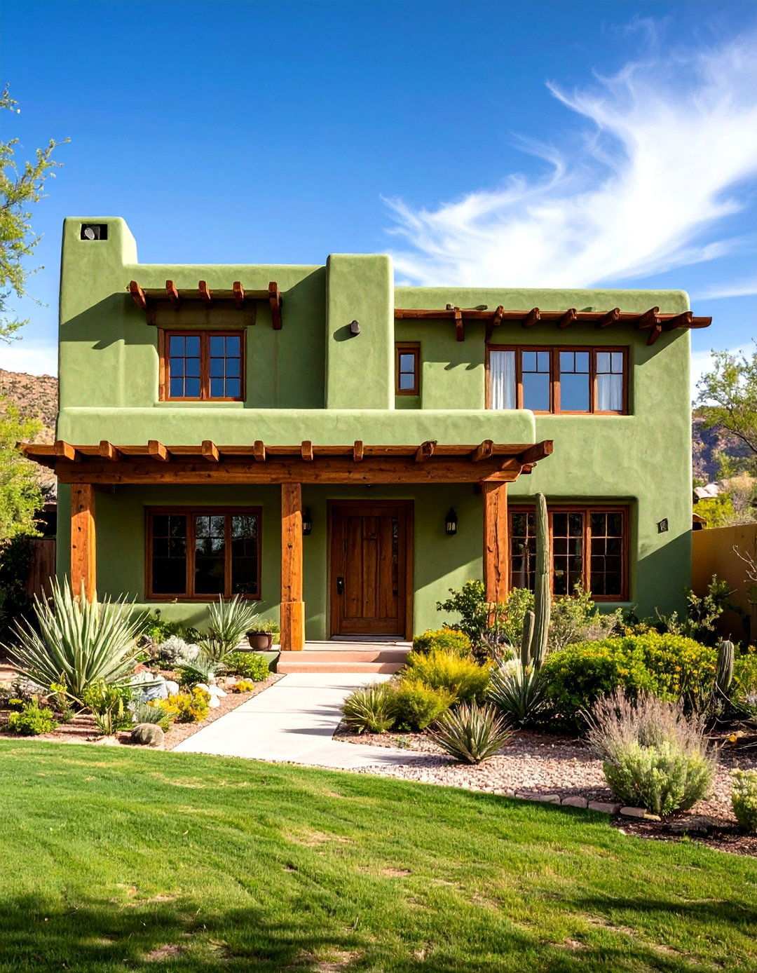 Pueblo Adobe Revival Features - 24 Sage Green House With Brown Trim Ideas