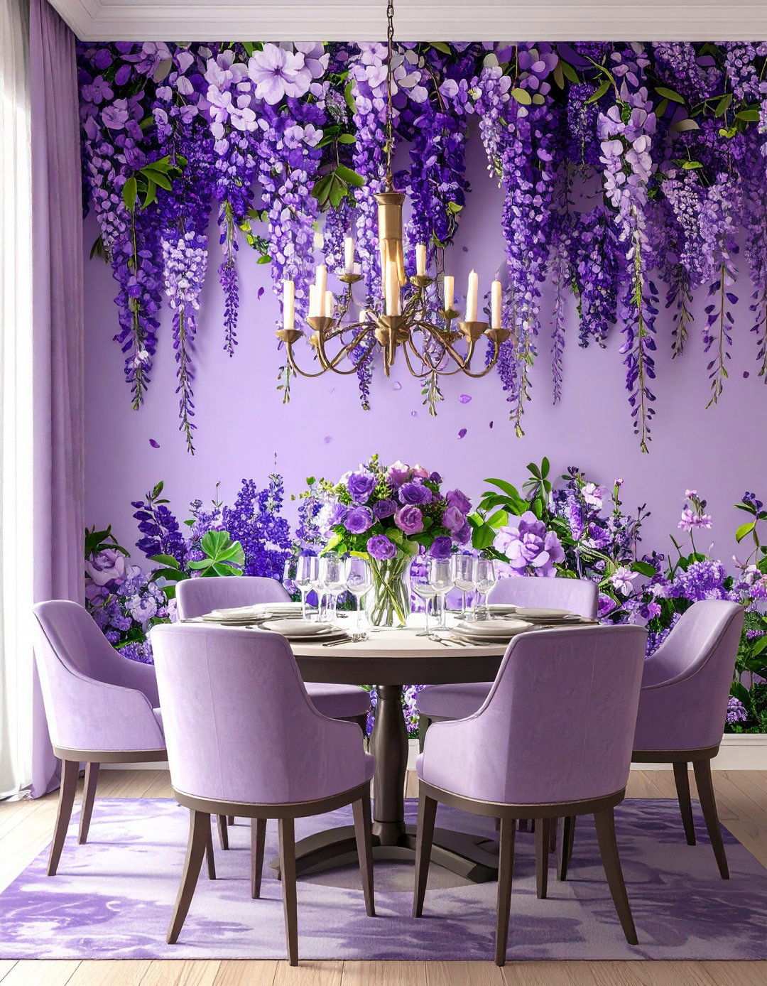 Purple Floral Wallpaper Feature Wall - 24 Purple Dining Room Ideas