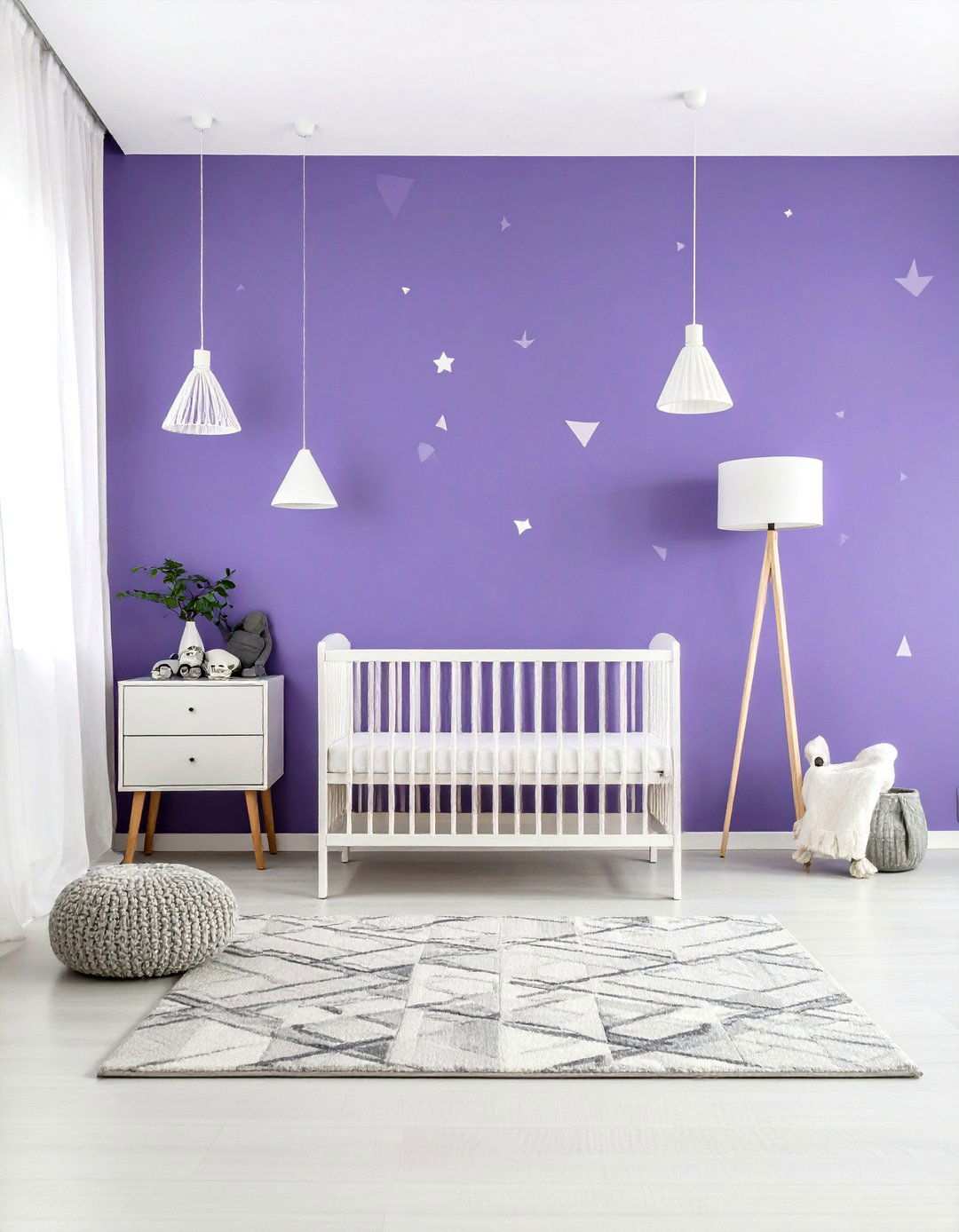 Purple Geometric Pattern Feature Wall Nursery - 24 Purple Nursery Ideas