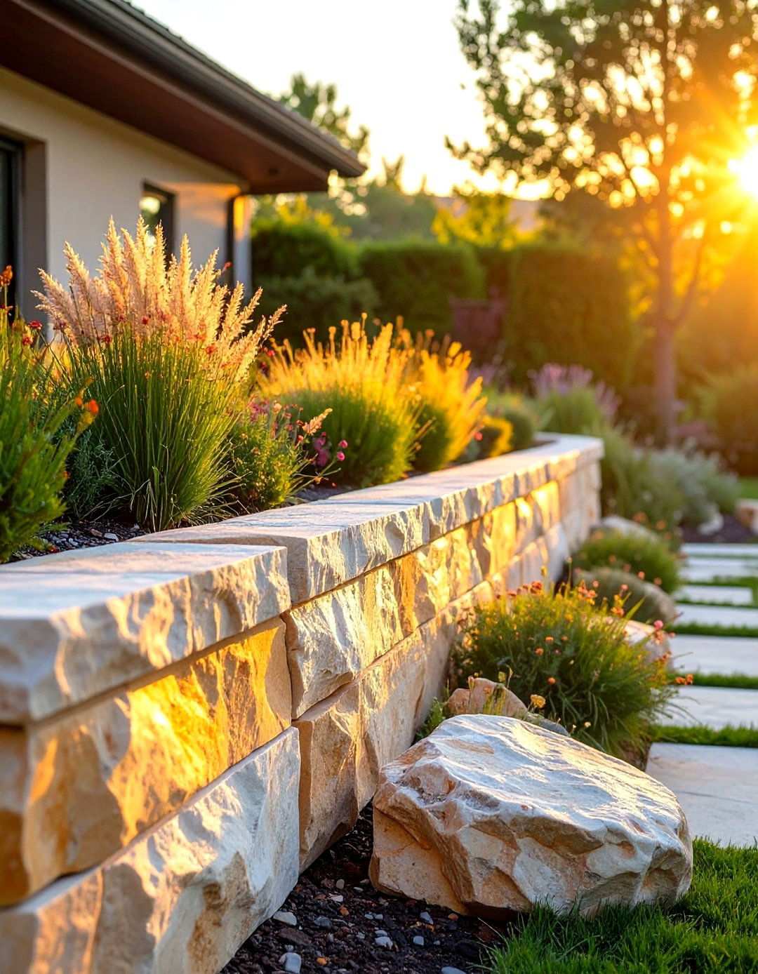 Quartzite Natural Edge Retaining Wall - 24 Natural Rock Retaining Wall Ideas