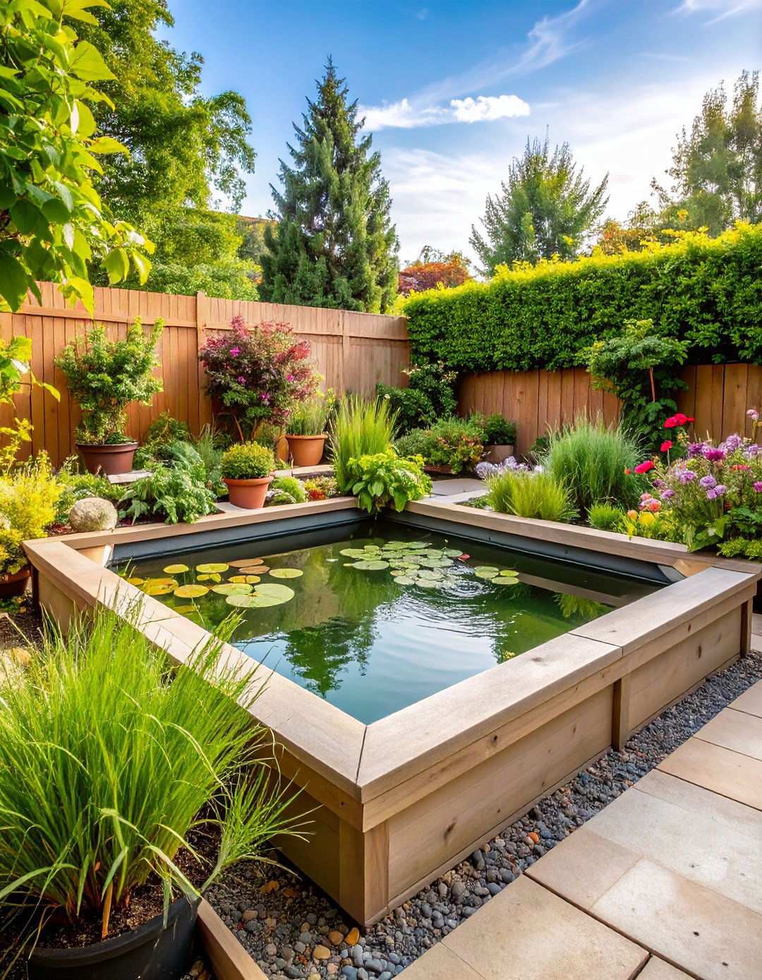 Raised Fish Pond with Surrounding Planter Beds - 24 Raised Garden Pond Ideas