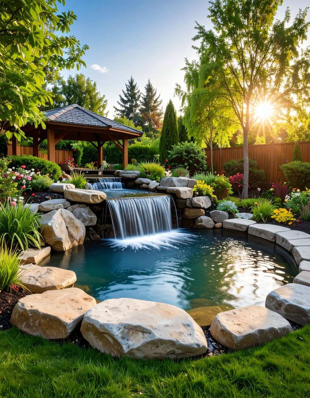 Raised Pond with Natural Stone Waterfall Feature - 24 Raised Garden Pond Ideas