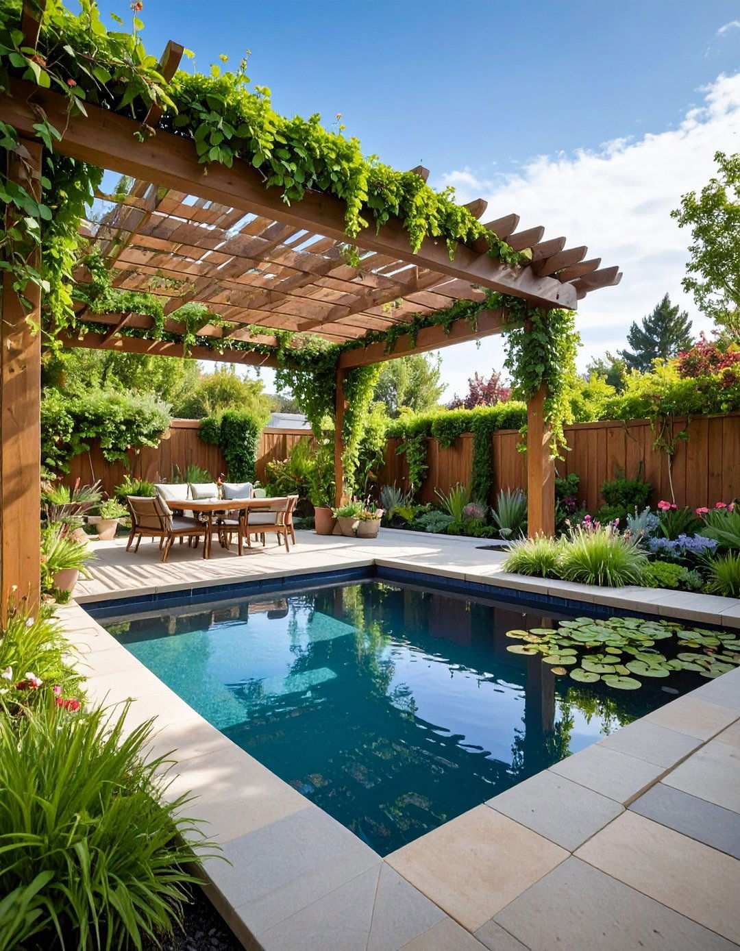 Raised Pond with Pergola and Climbing Plant Integration - 24 Raised Garden Pond Ideas