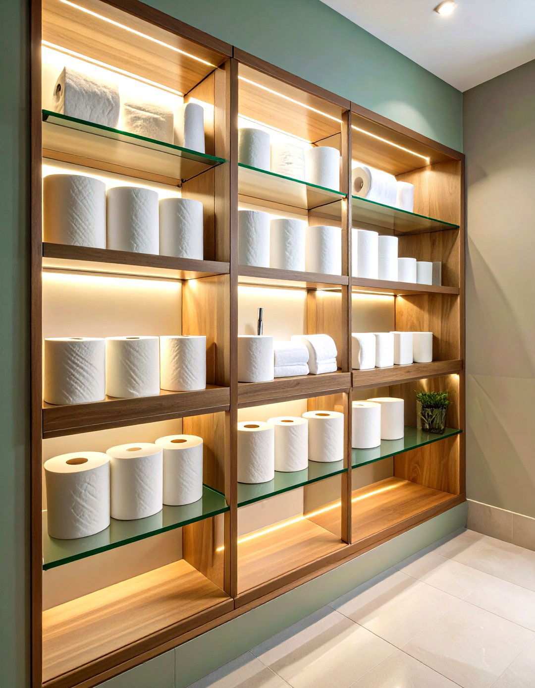 Recessed Wall Niche with Glass Shelving - 24 Toilet Paper Storage Ideas