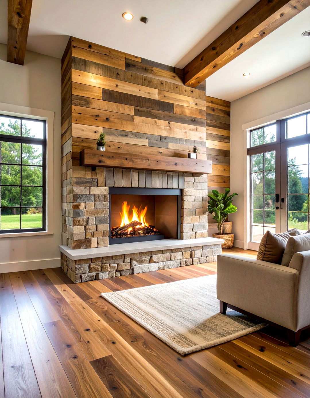 Reclaimed Wood Accent Wall Integration - 24 Two-story Fireplace Ideas
