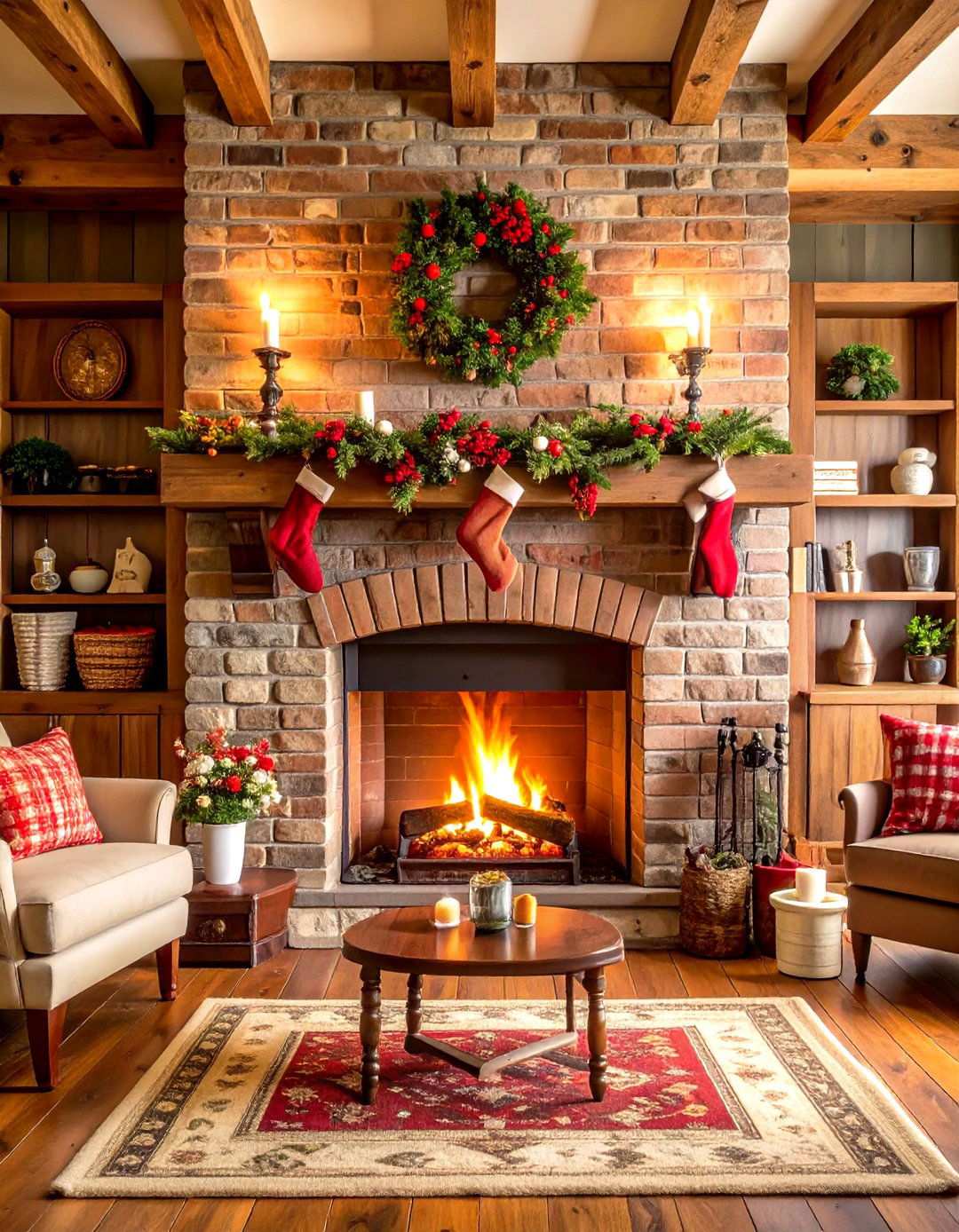 Reclaimed Wood Mantel Showcase - 24 Rustic Living Room With a Brick Fireplace Ideas