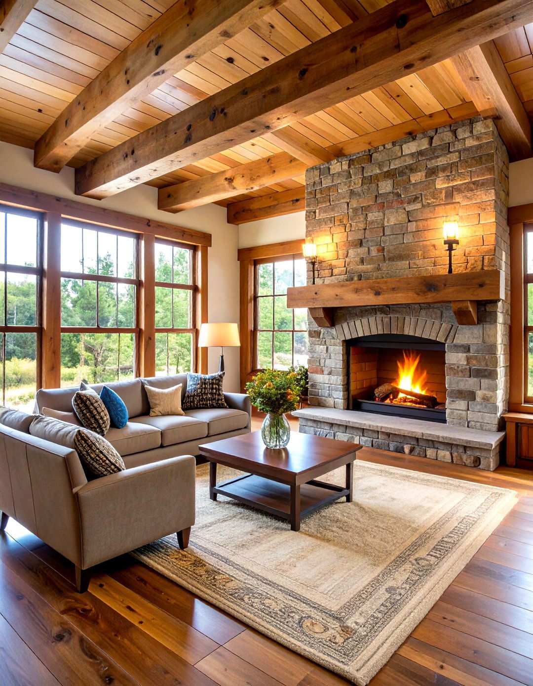Reclaimed Wood Mantel with Exposed Brick - 24 Rustic Brick Fireplace Ideas
