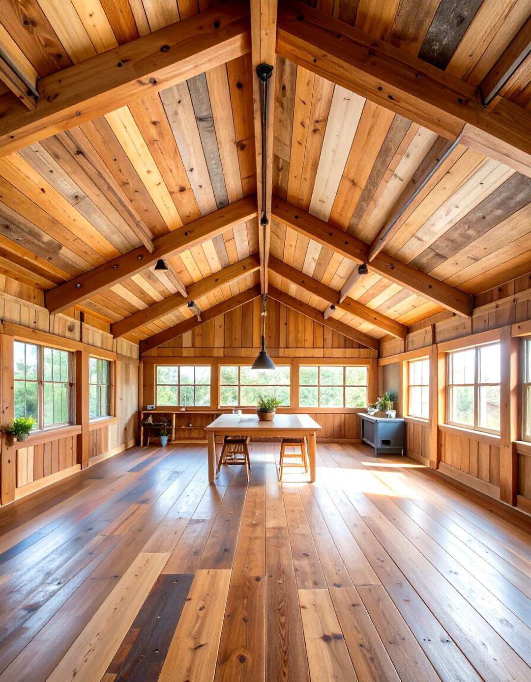 Reclaimed Wood Plank Ceiling with Mixed Grain Patterns - 24 Shed Ceiling Ideas