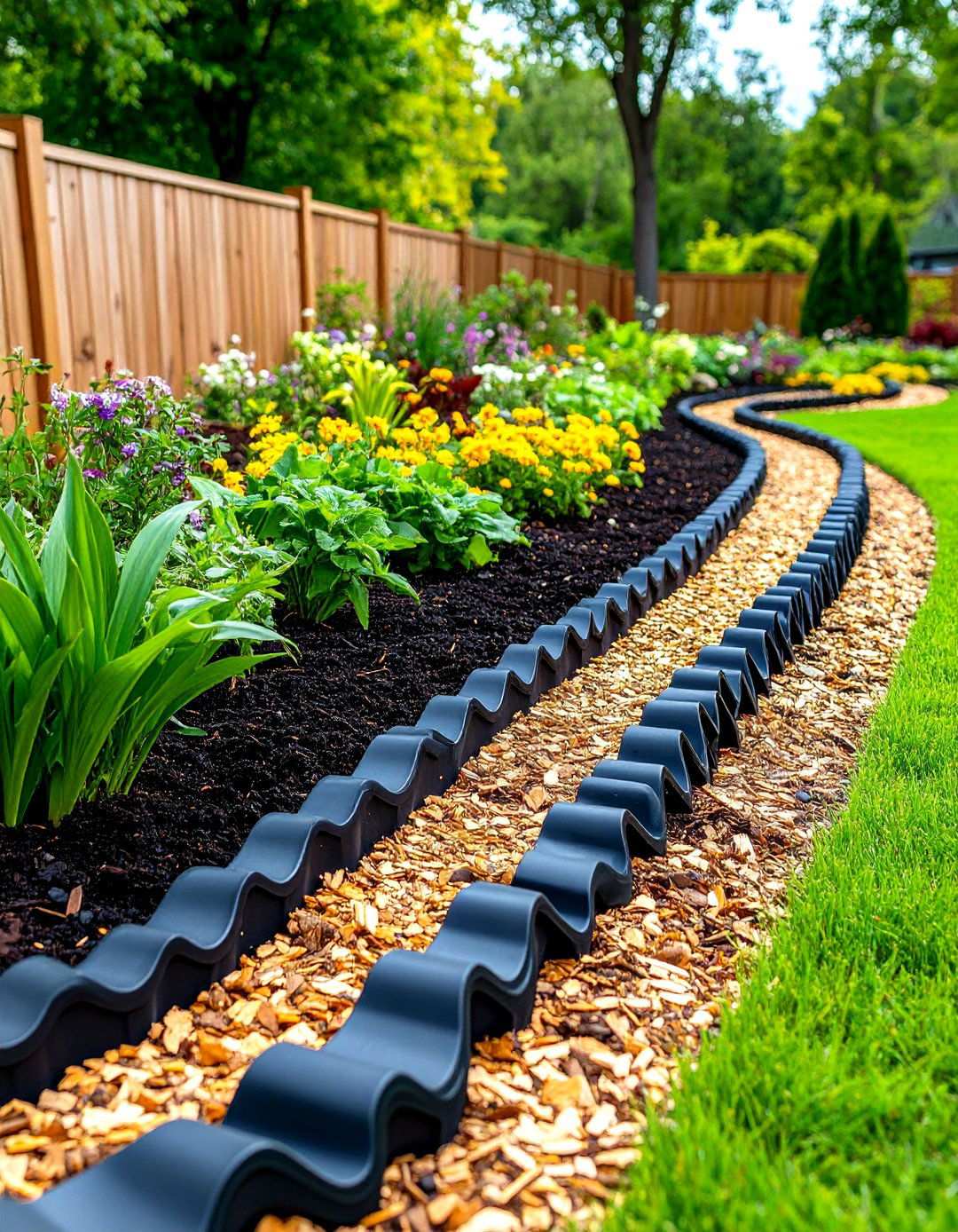 Recycled Rubber Mulch Edging with Scalloped Design - 24 Mulch Edging Ideas