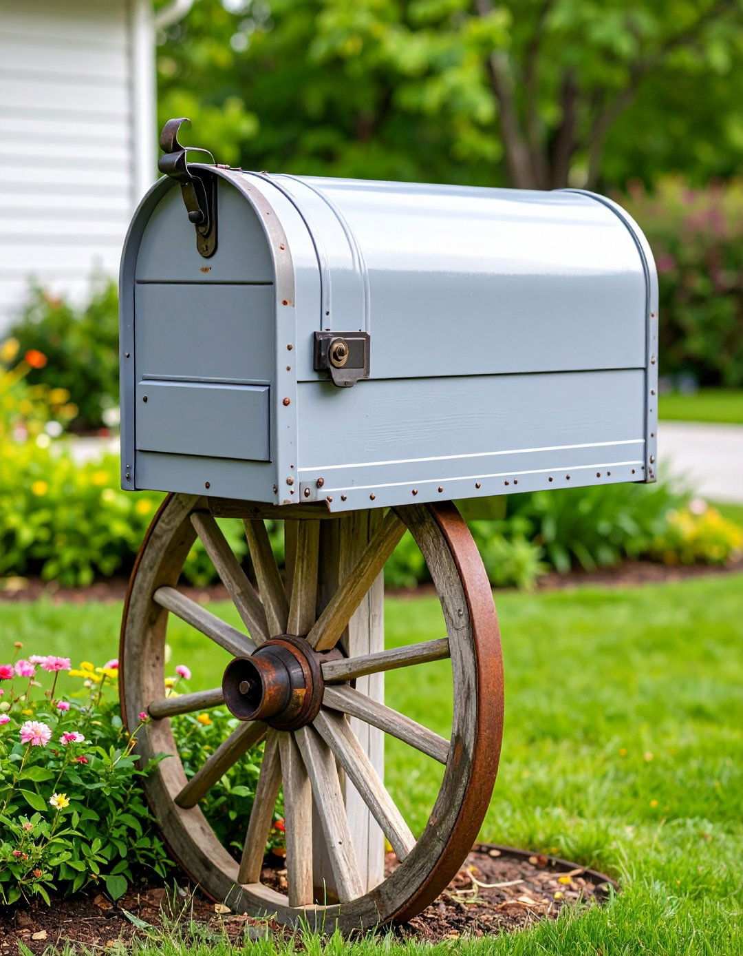 Recycled Wagon Wheel Rustic Base - 24 Mailbox Post Ideas