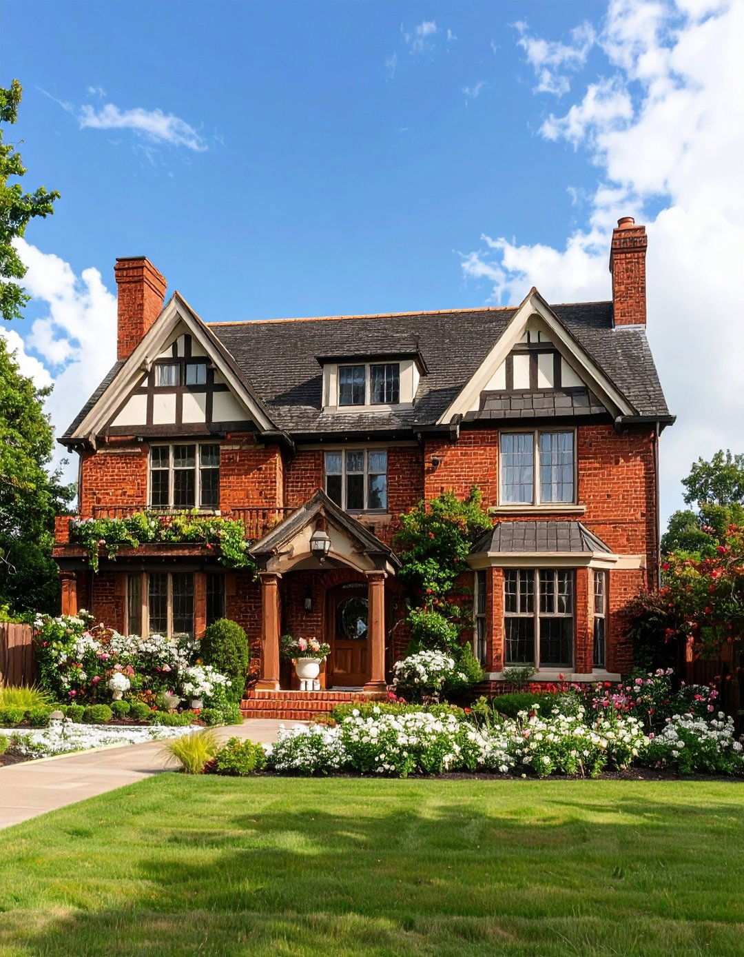 Red Brick and Limestone Tudor - 24 red home exterior ideas