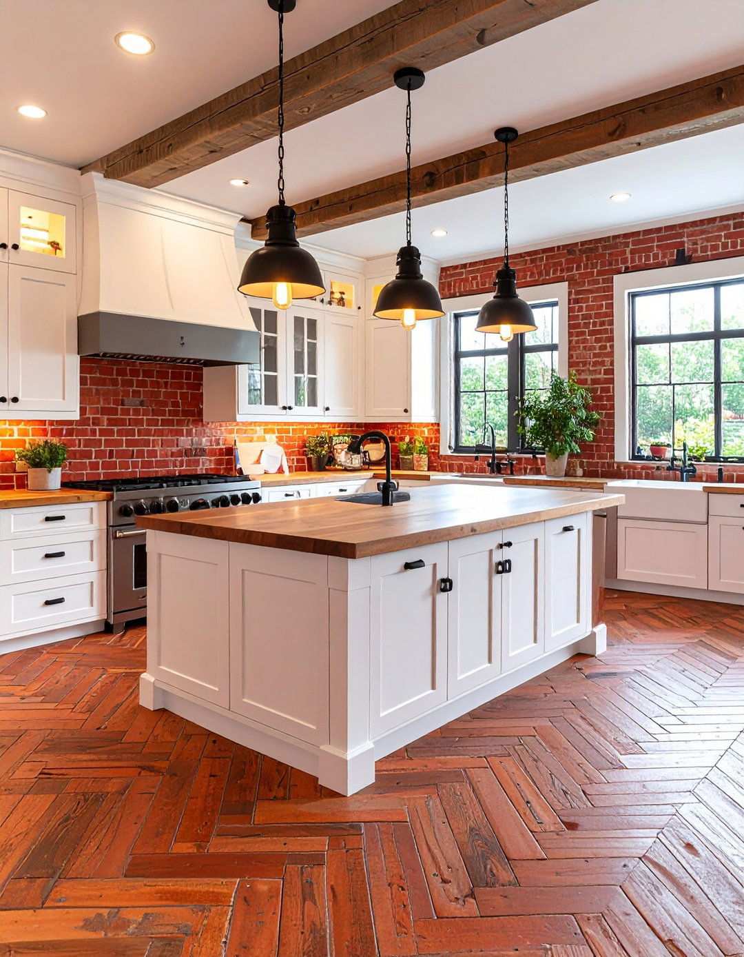 Red Brick Herringbone Floor Kitchen - 24 Red Brick Kitchen Ideas