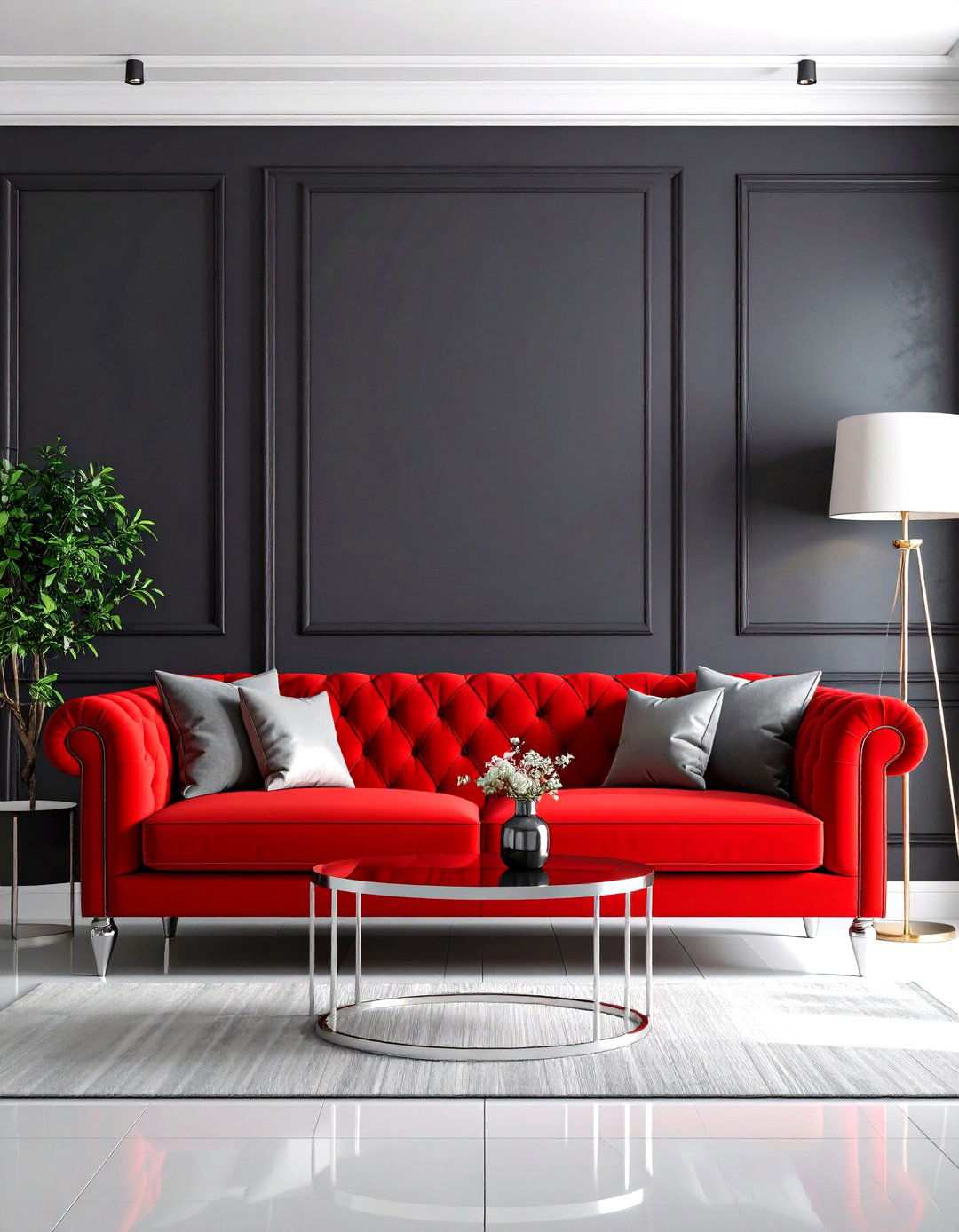 Red Couch Dark Accent Wall Design - 24 Red Couch Living Room Ideas