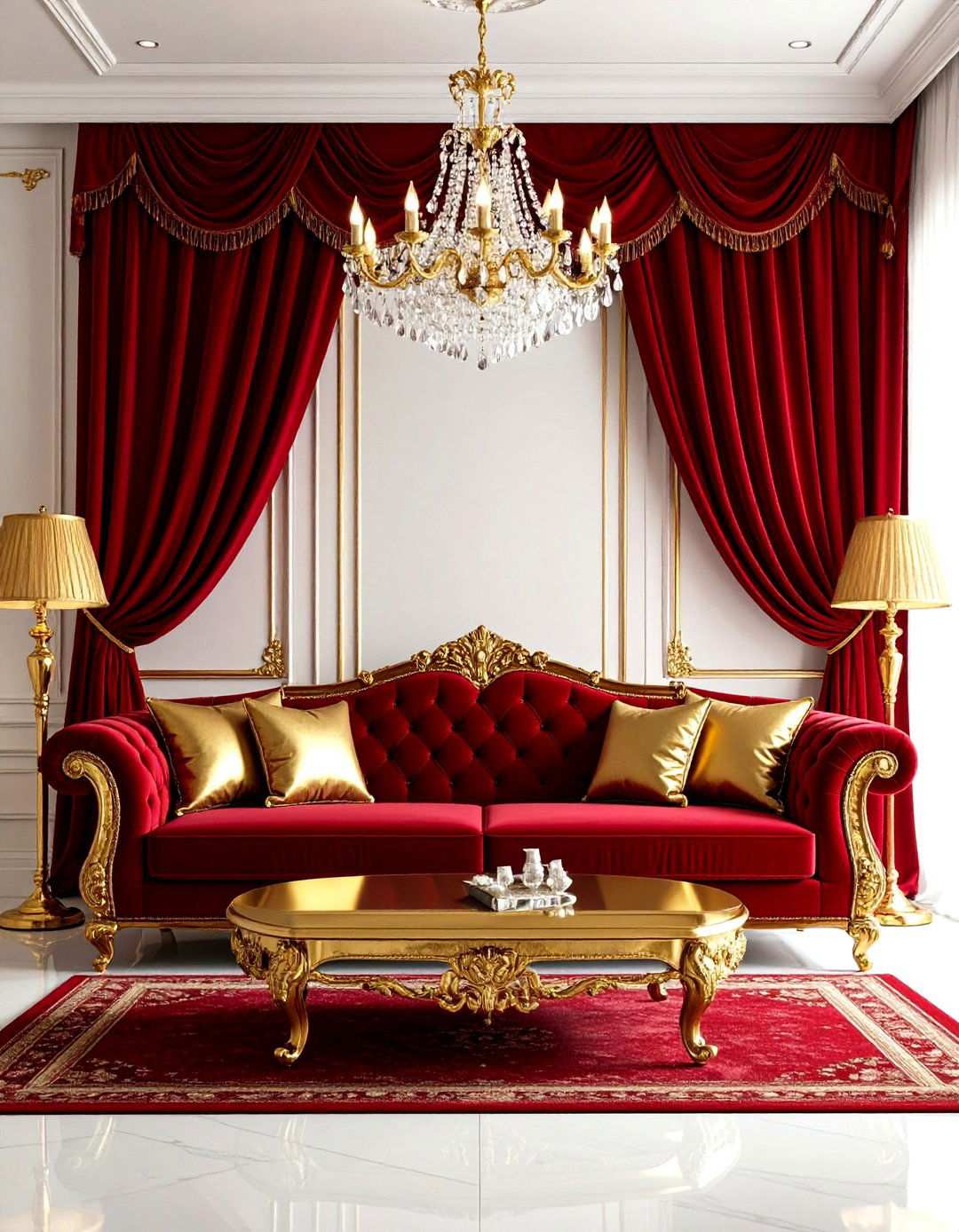 Red Couch Metallic Gold Details - 24 Red Couch Living Room Ideas