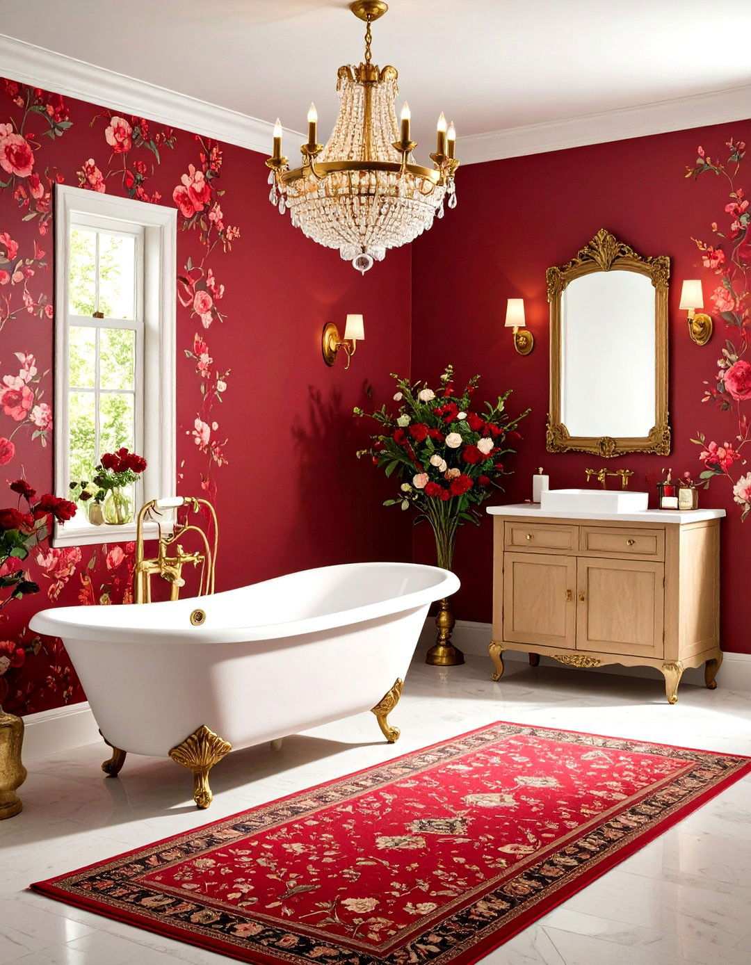Red Floral Wallpaper Powder Room - 24 Red Bathroom Ideas