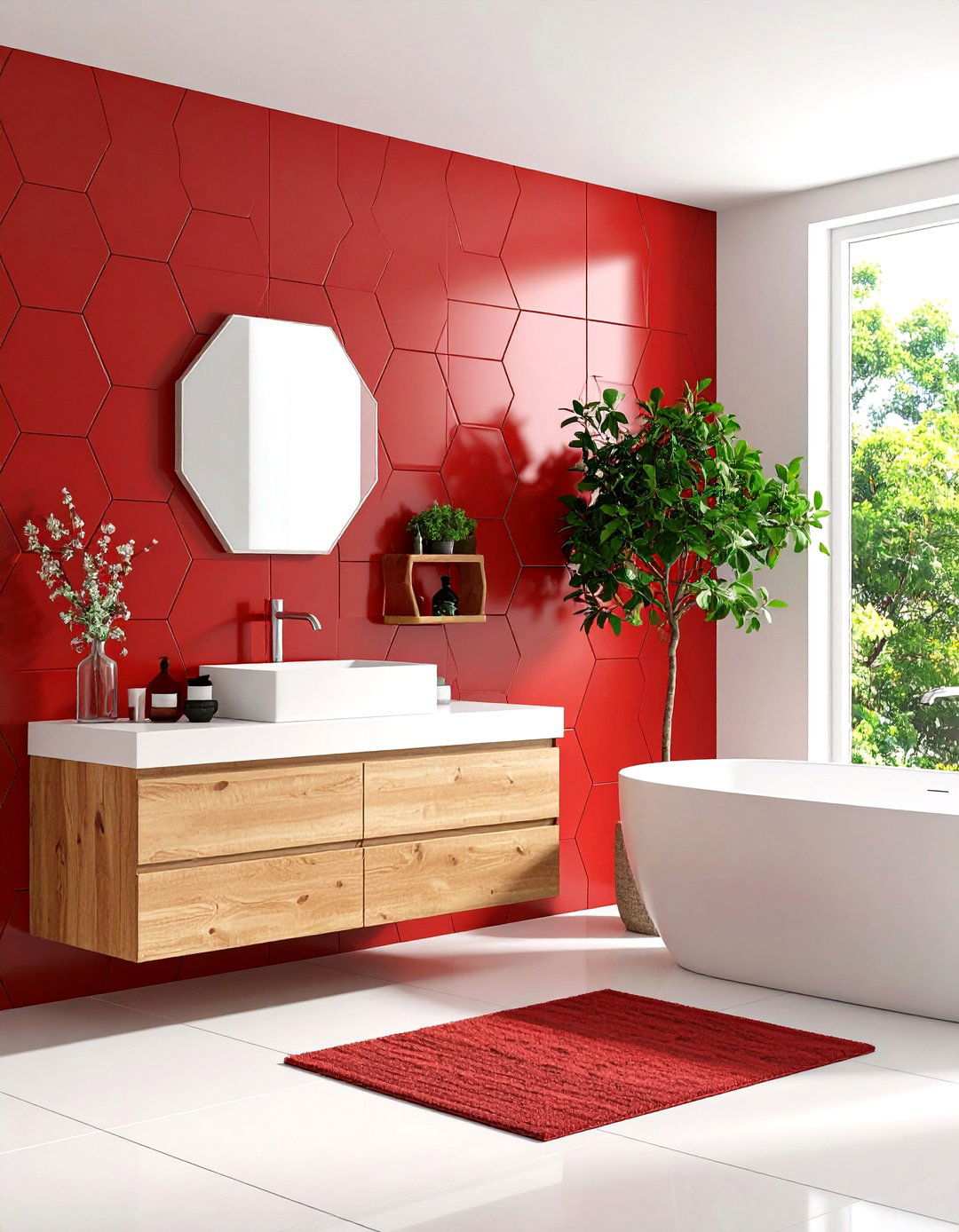 Red Geometric Tile Patterns - 24 Red Bathroom Ideas