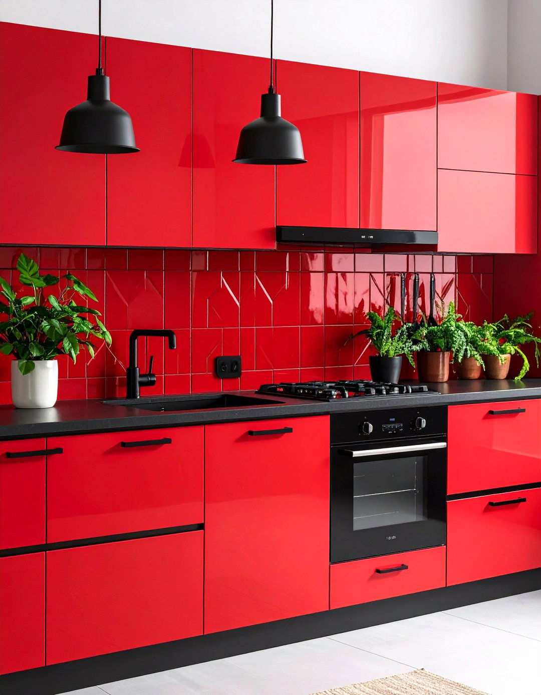 Red Mosaic Tile With Black Cabinet Hardware - 24 red and black kitchen ideas