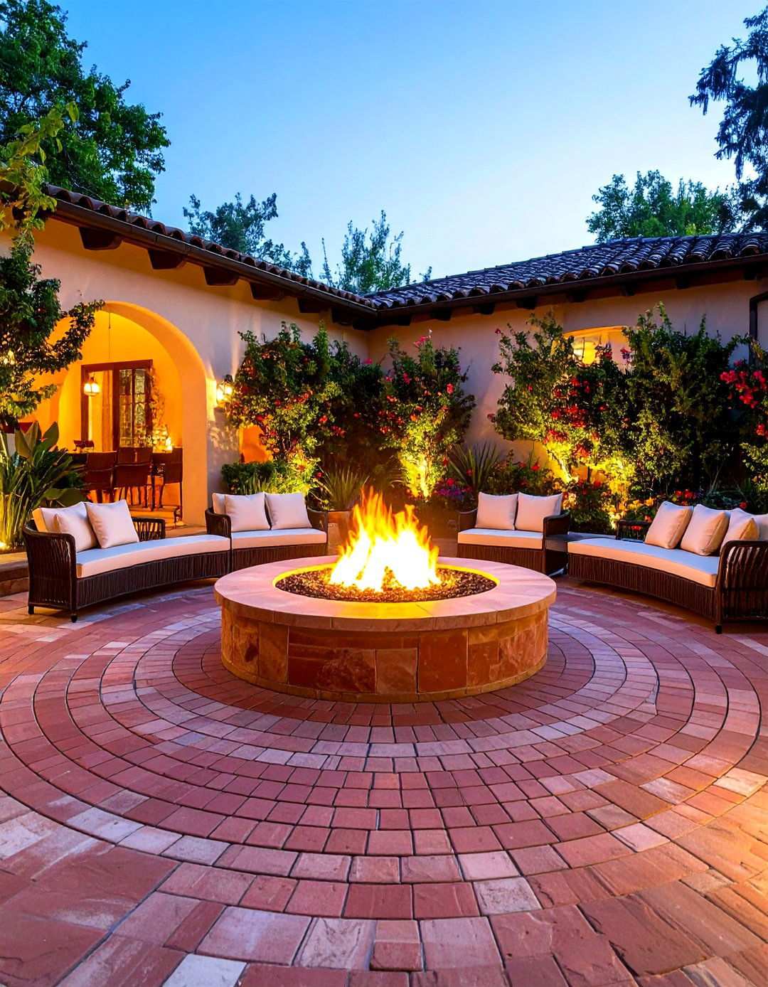 Red Paver Circular Fire Bowl Plaza - 24 Red Paver Patio Ideas