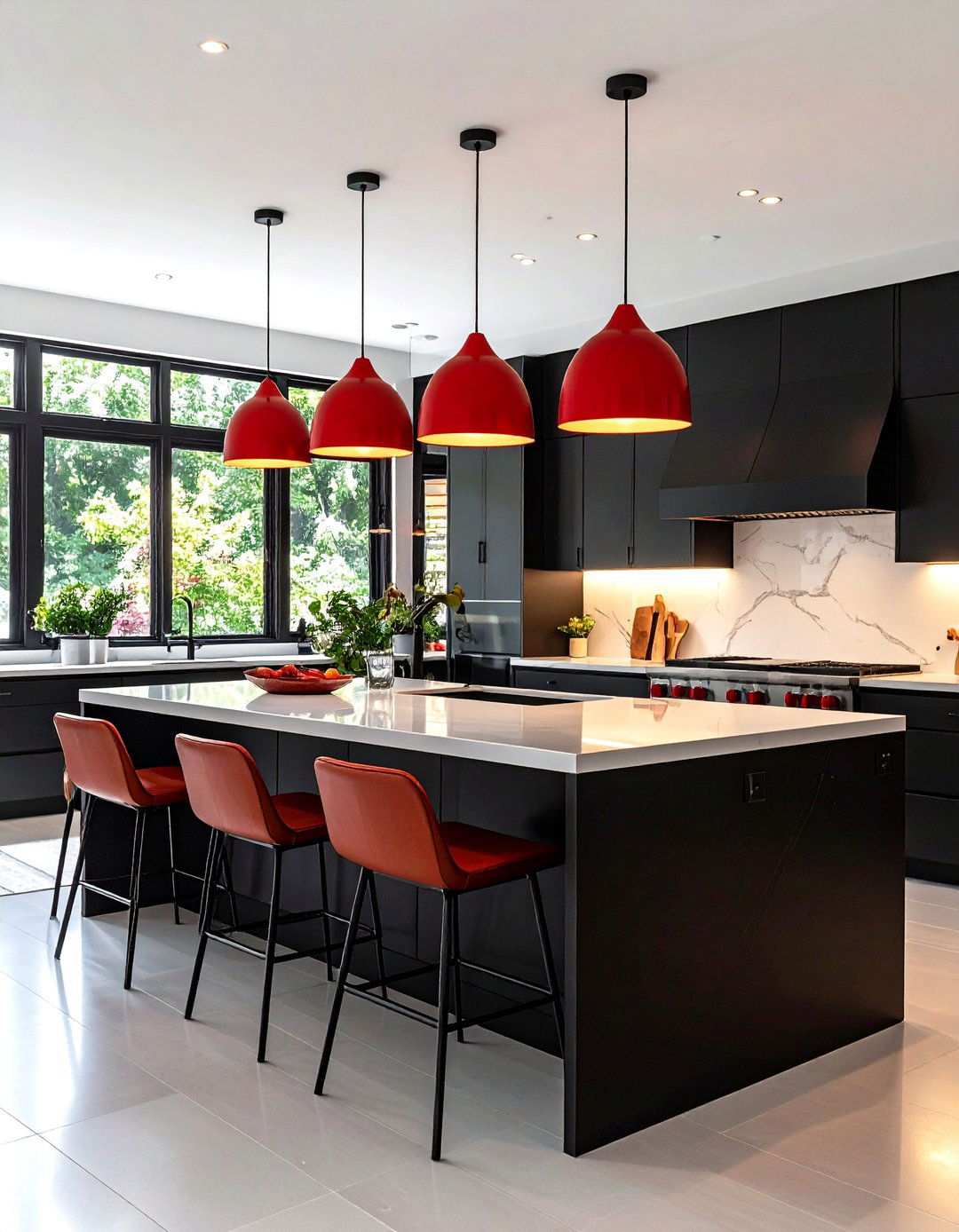 Red Pendant Lighting Over Black Kitchen Islands - 24 red and black kitchen ideas