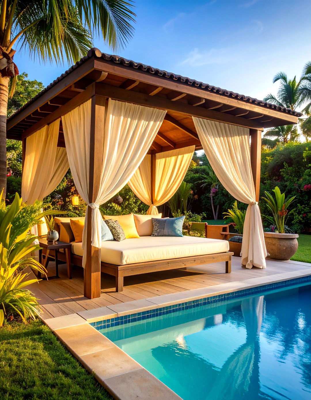 Resort Style Cabana with Lounging Area - 24 Tropical Backyard Ideas