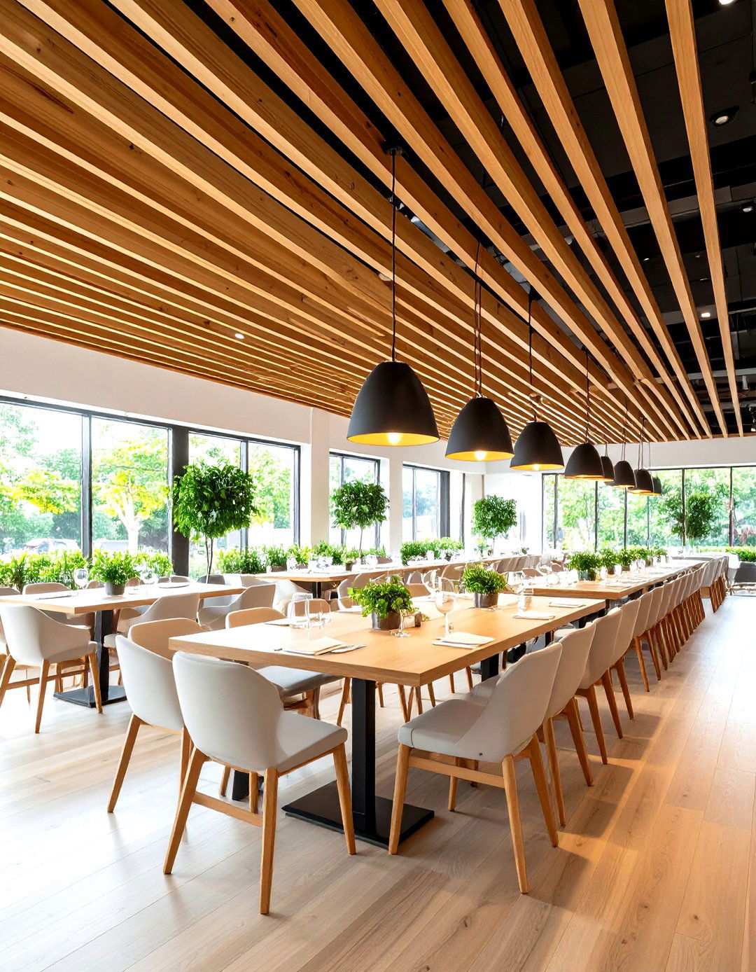 Restaurant Commercial Dining Space Applications - 24 Wood Slat Ceiling Ideas