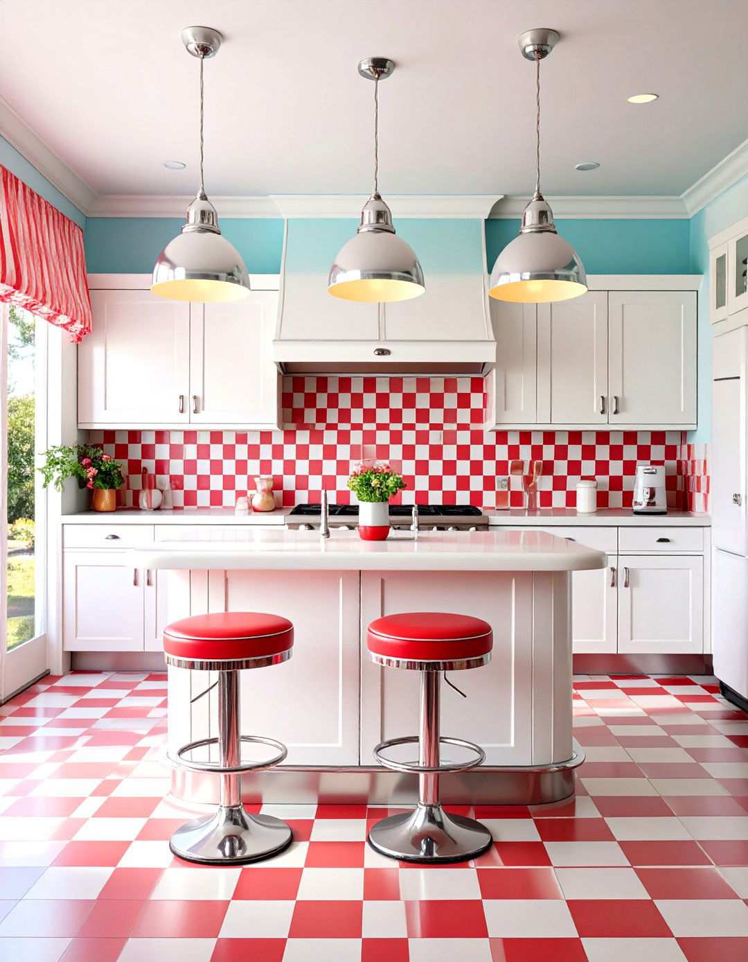 Retro Diner Style Kitchen with Chrome and Red Accents - 24 Small Kitchen Ideas on a Budget