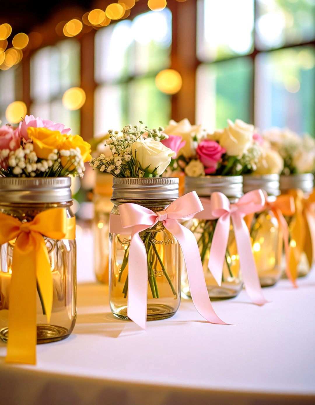 Ribbon Wrapped Mason Jar Centerpieces - 24 Mason Jar Wedding Centerpieces