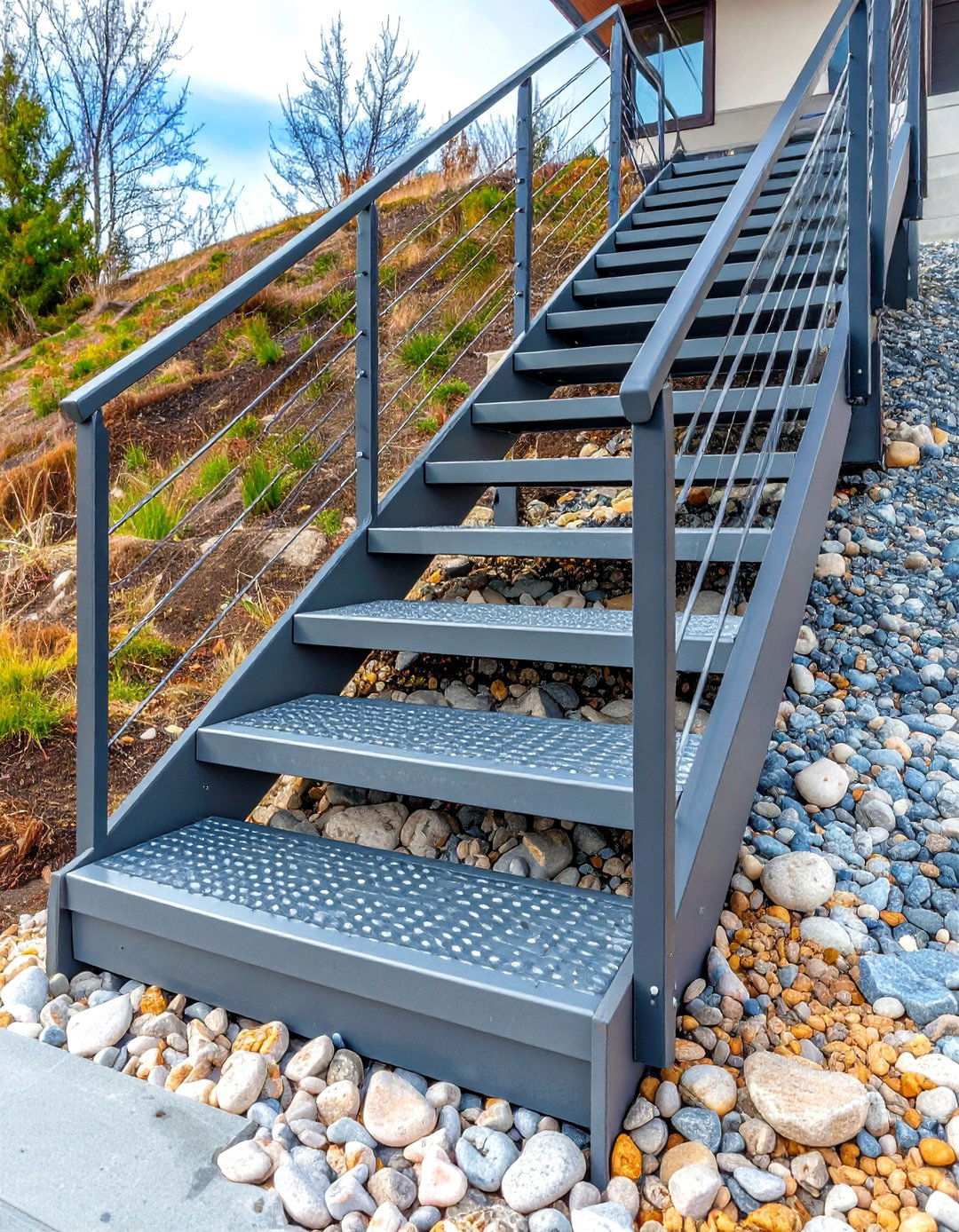 River Rock and Steel Step Combination - 24 Sloped Walkway Ideas