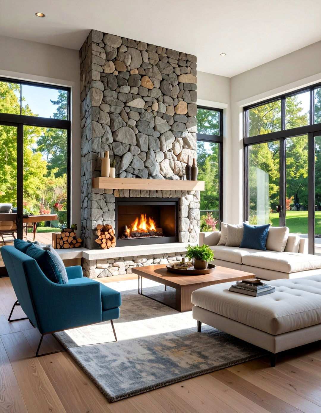 River Rock Fireplace with Storage Nooks - 24 River Rock Fireplace Ideas