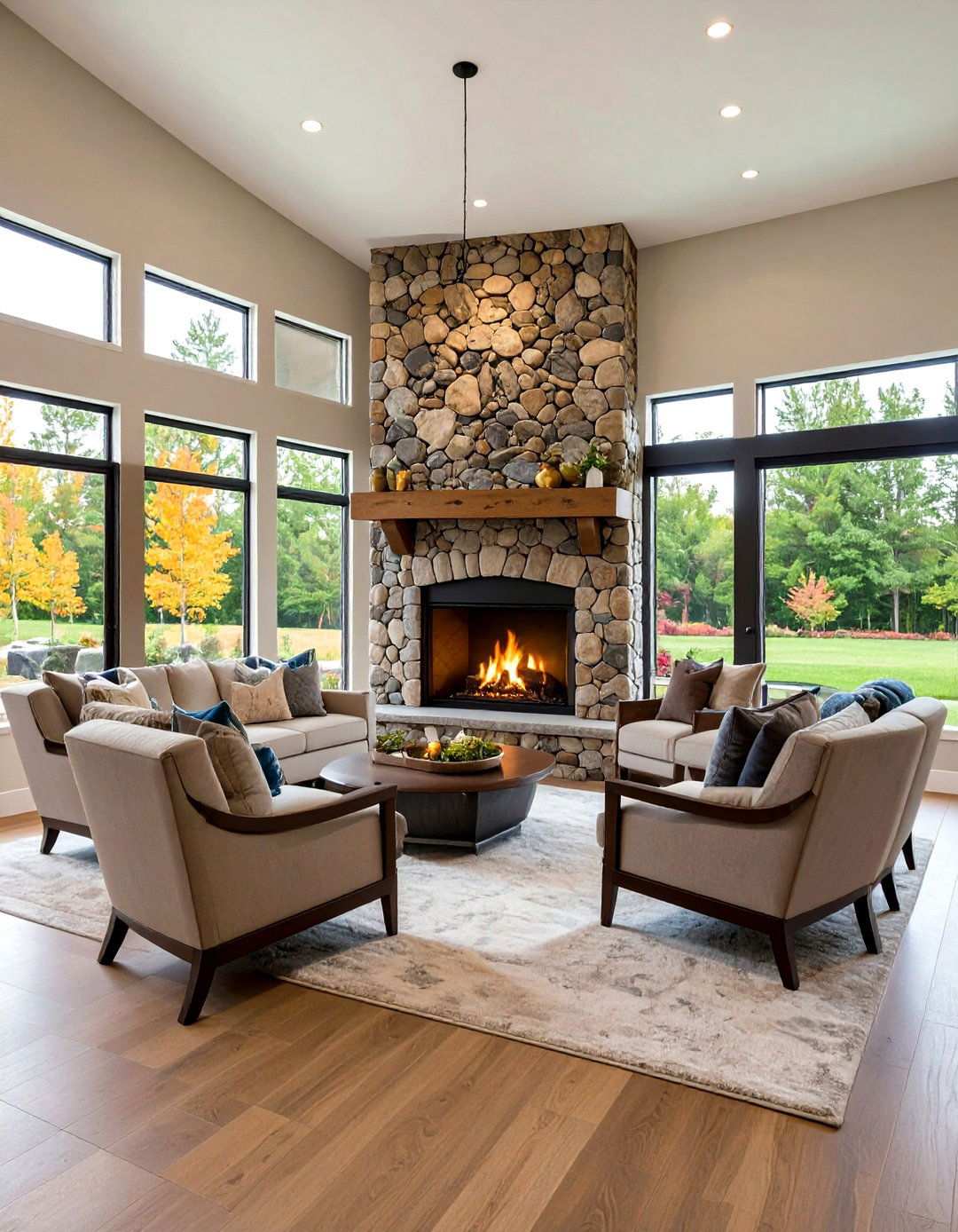 River Rock Hearth with Tile Surround - 24 River Rock Fireplace Ideas