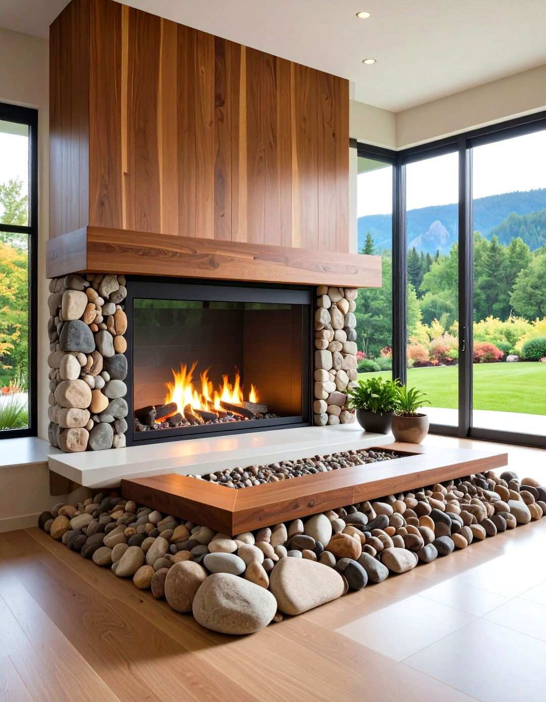 River Rock Mosaic Natural Pattern - 24 Two-story Fireplace Ideas