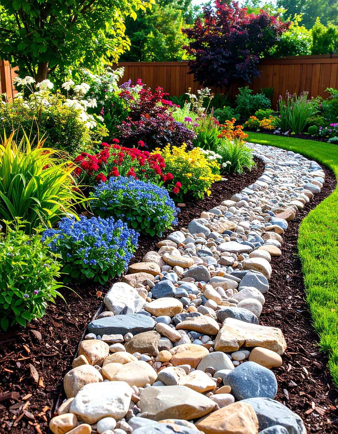 River Rock Mulch Edging with Natural Stone Cascade - 24 Mulch Edging Ideas