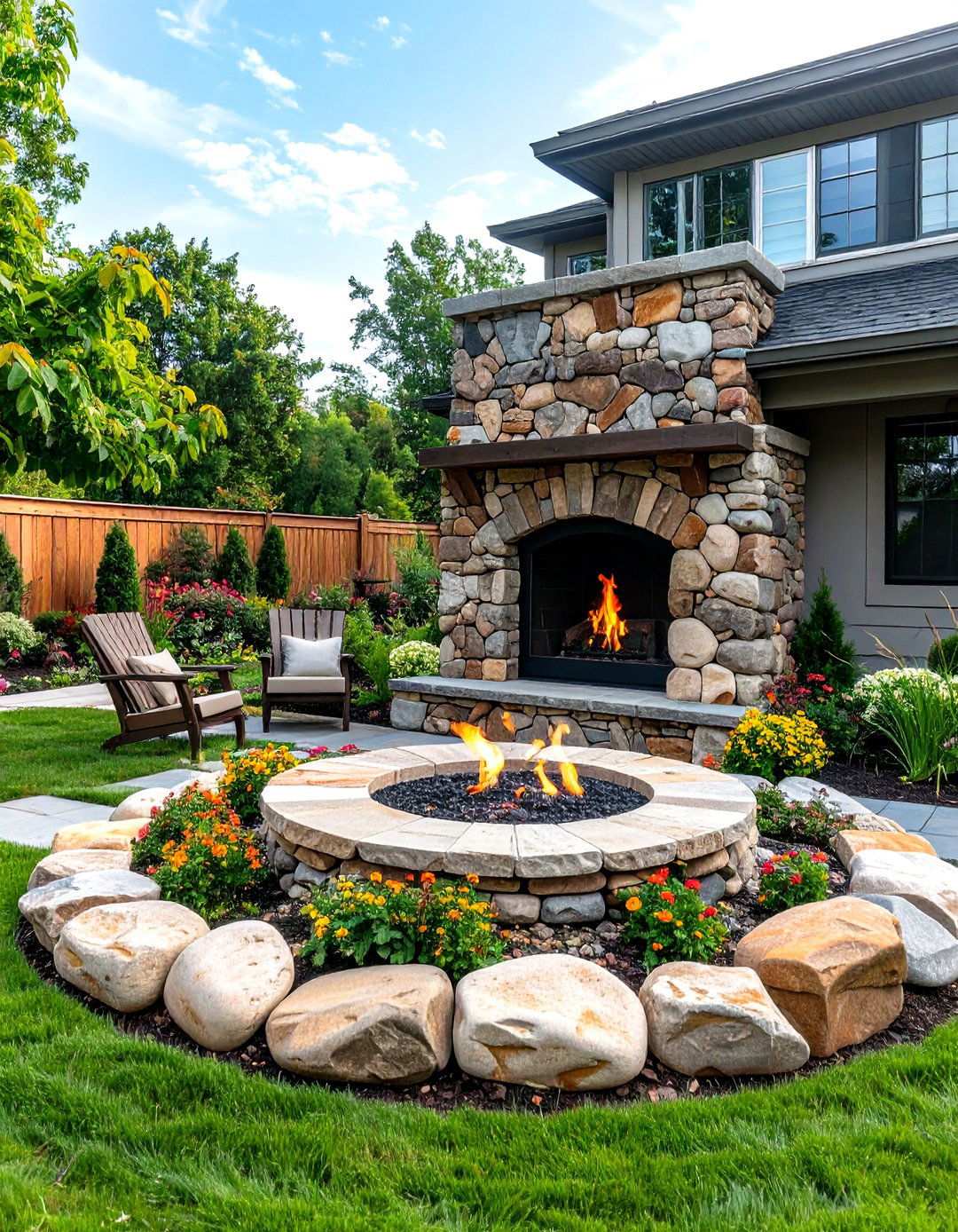 River Rock Outdoor Fireplace with Natural Integration - 24 Rustic Outdoor Fireplace Ideas