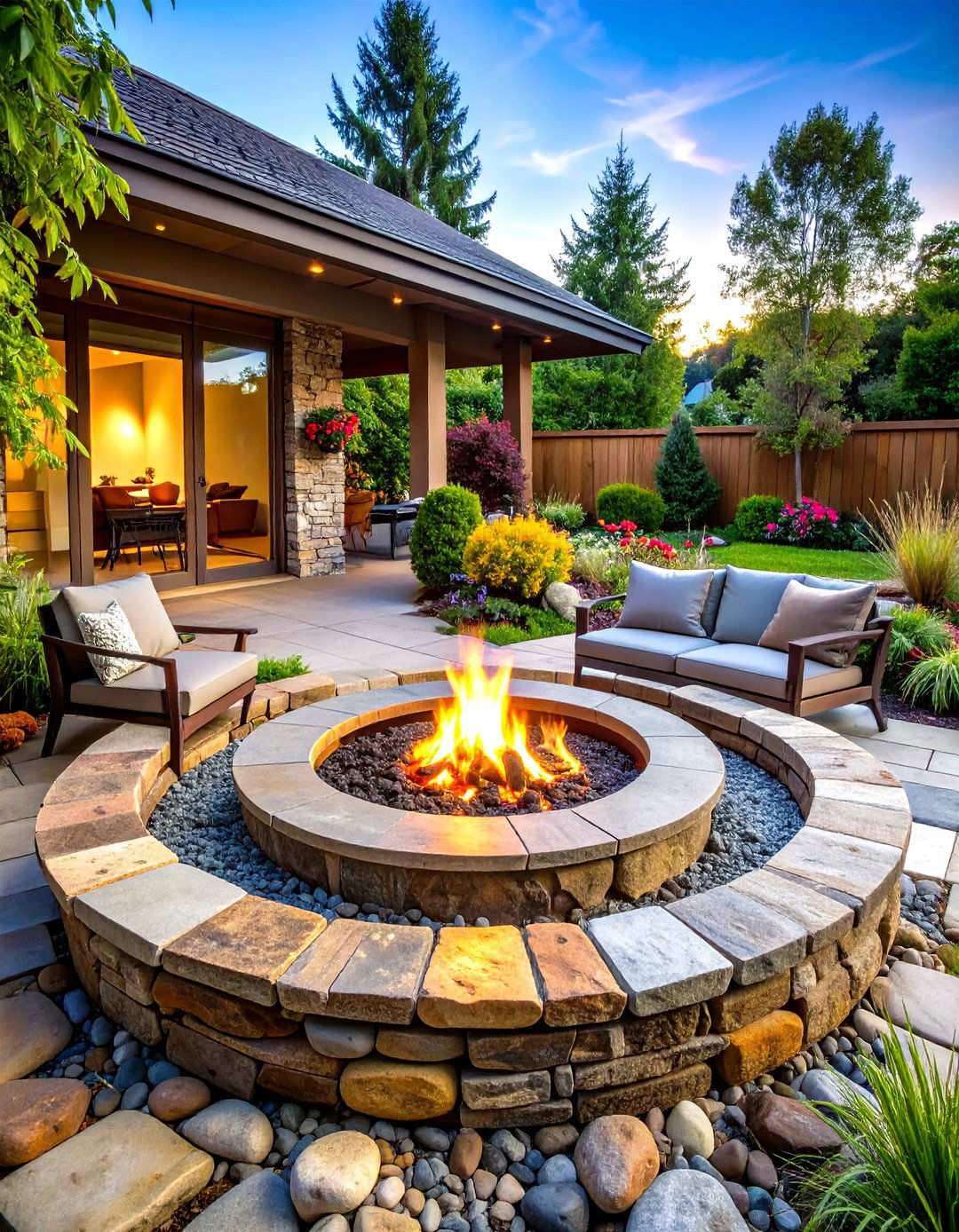River Rock Patio with Sunken Fire Pit - 24 Stone Patio With a Fire Pit Ideas