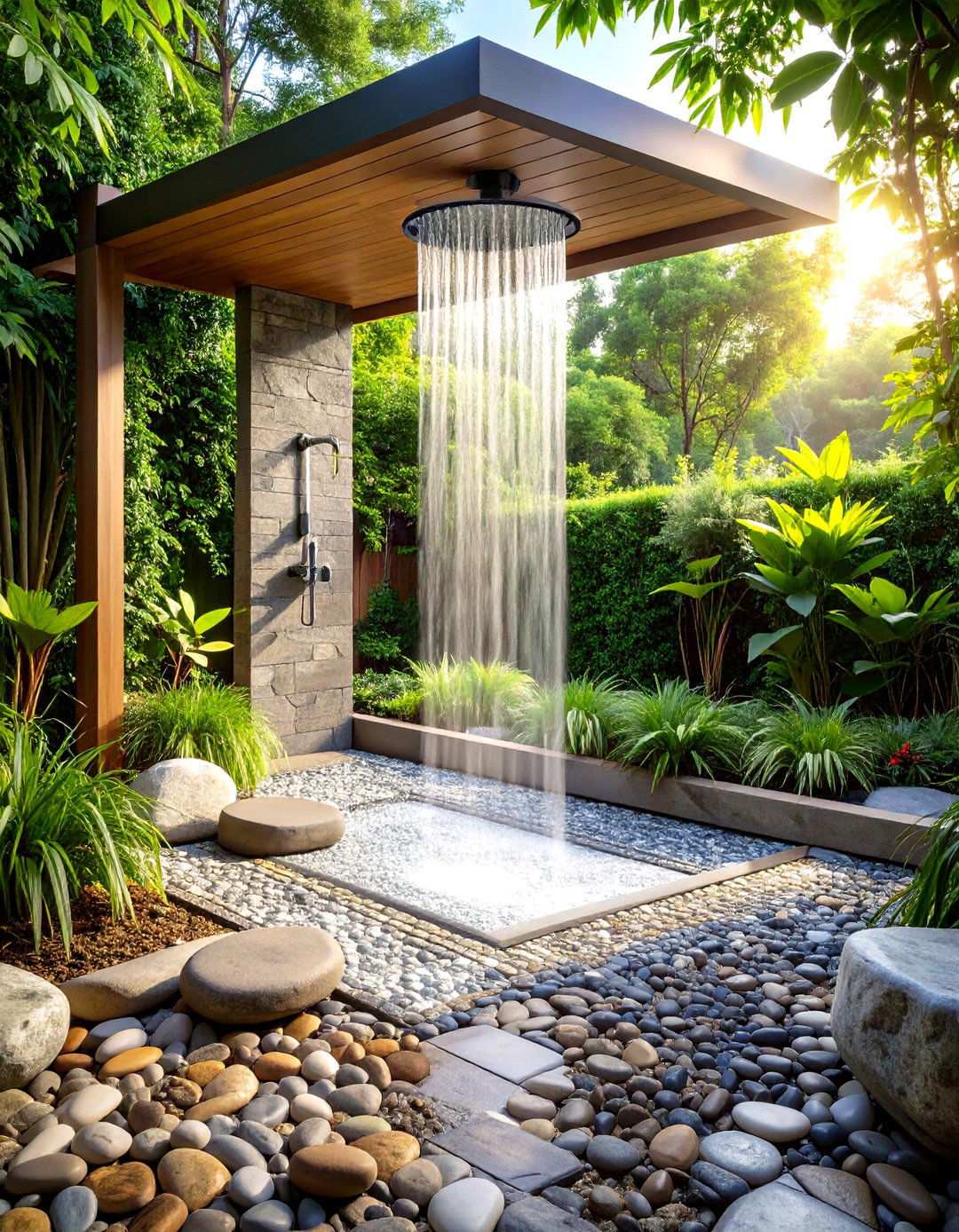 River Stone Mosaic Shower Floor - 24 Rustic Outdoor Bathroom Ideas