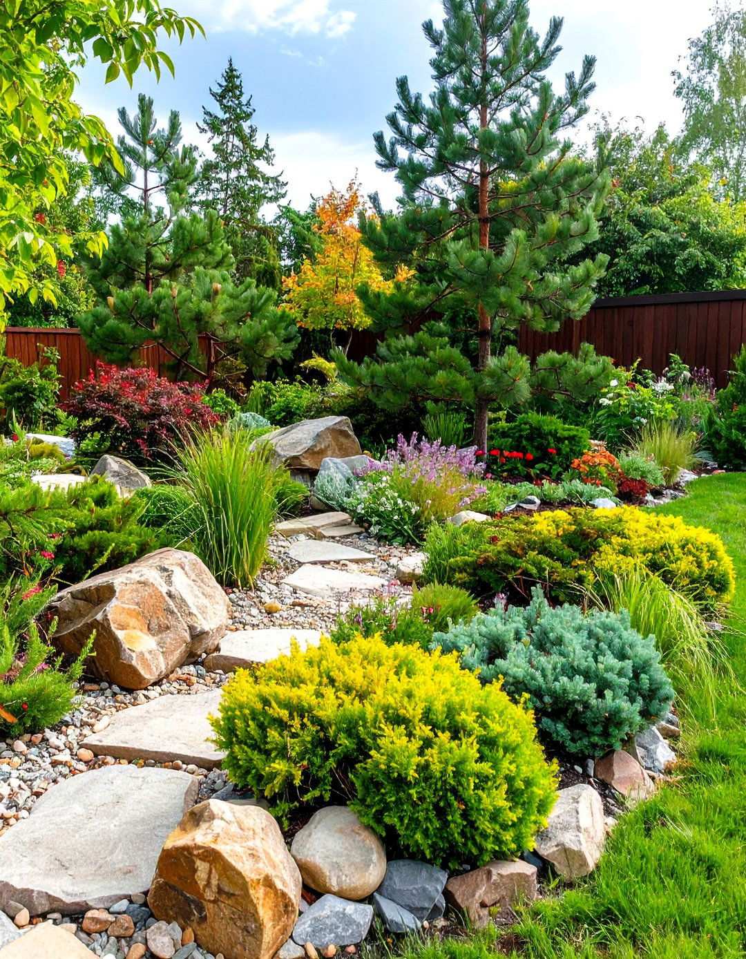 Rock Garden with Accent Pines - 24 Pine Tree Landscape Ideas