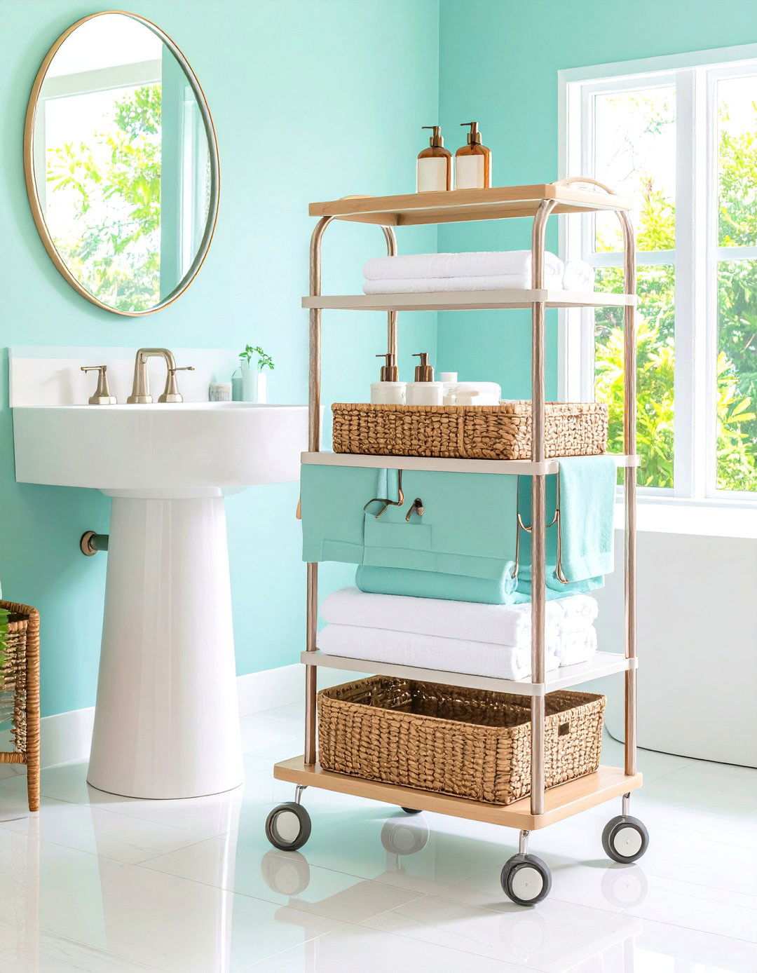 Rolling Bathroom Cart with Hooks - 24 Pedestal Sink Storage Ideas