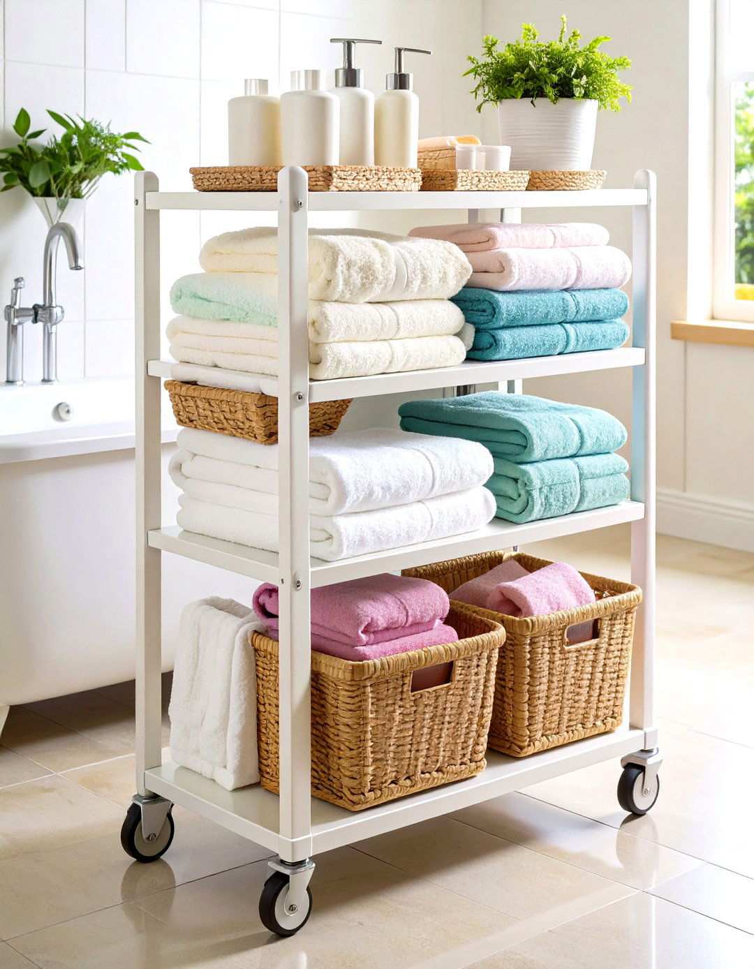 Rolling Cart Towel Station - 24 Towel Storage Ideas