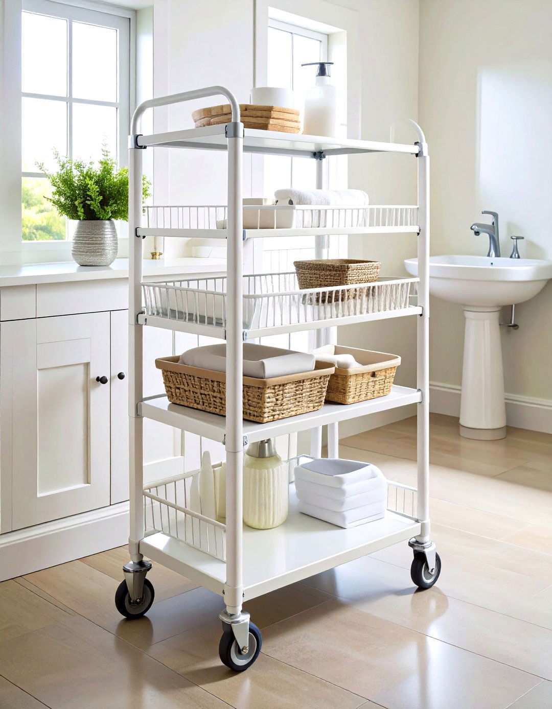 Rolling Cart with Multiple Tiers - 24 Pedestal Sink Storage Ideas