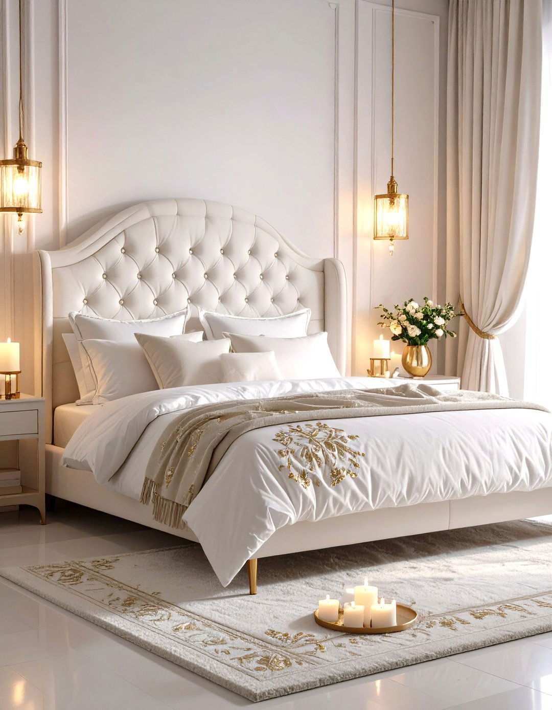 Romantic White Bedroom with Soft Gold Lighting - 24 White and Gold Bedroom Ideas