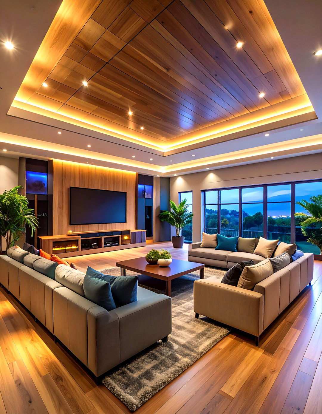 Rope Lighting Reverse Tray Entertainment Room - 24 Reverse Tray Ceiling Ideas