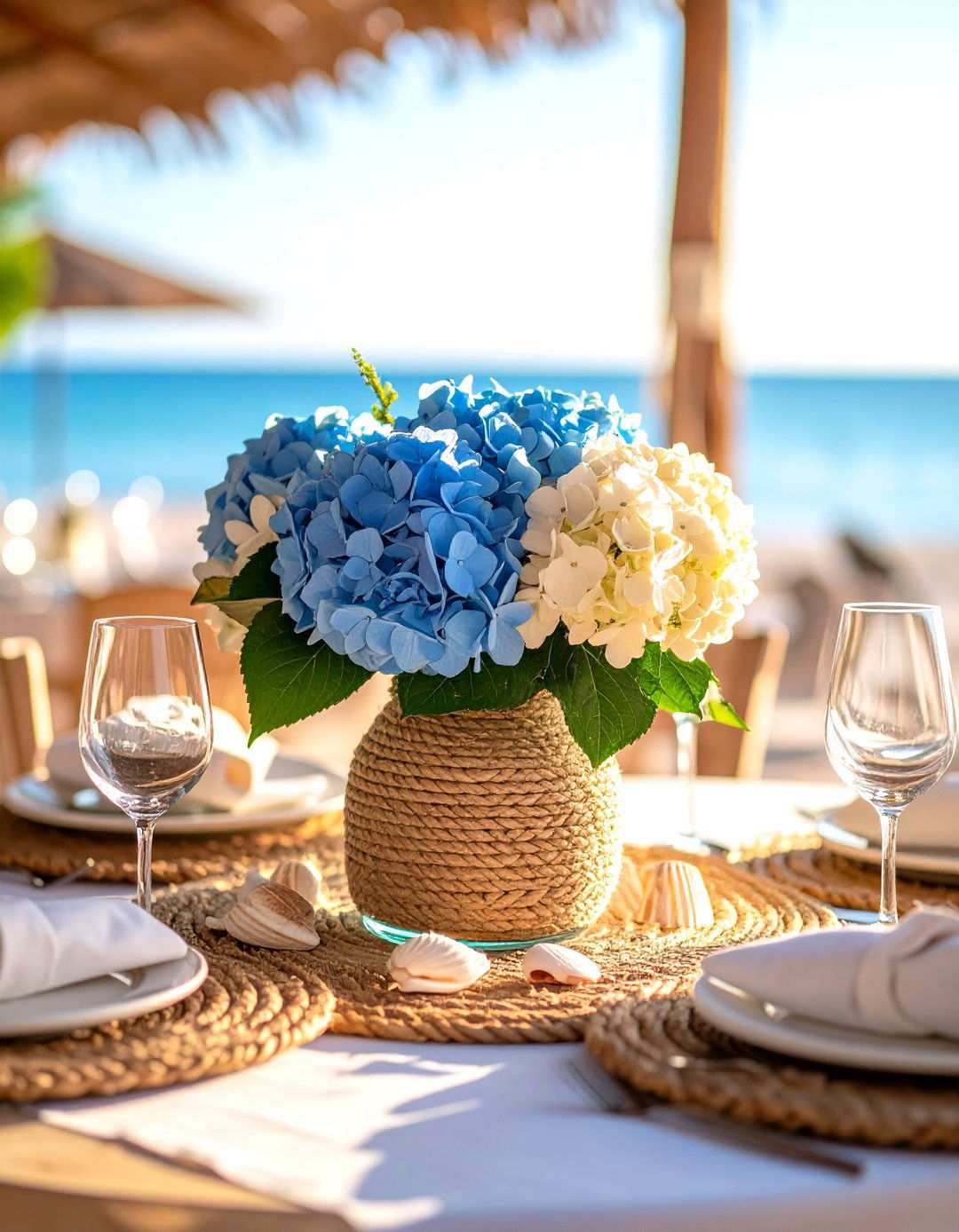 Rope Wrapped Vase Hydrangea Nautical Centerpieces - 24 Hydrangea Centerpiece Ideas