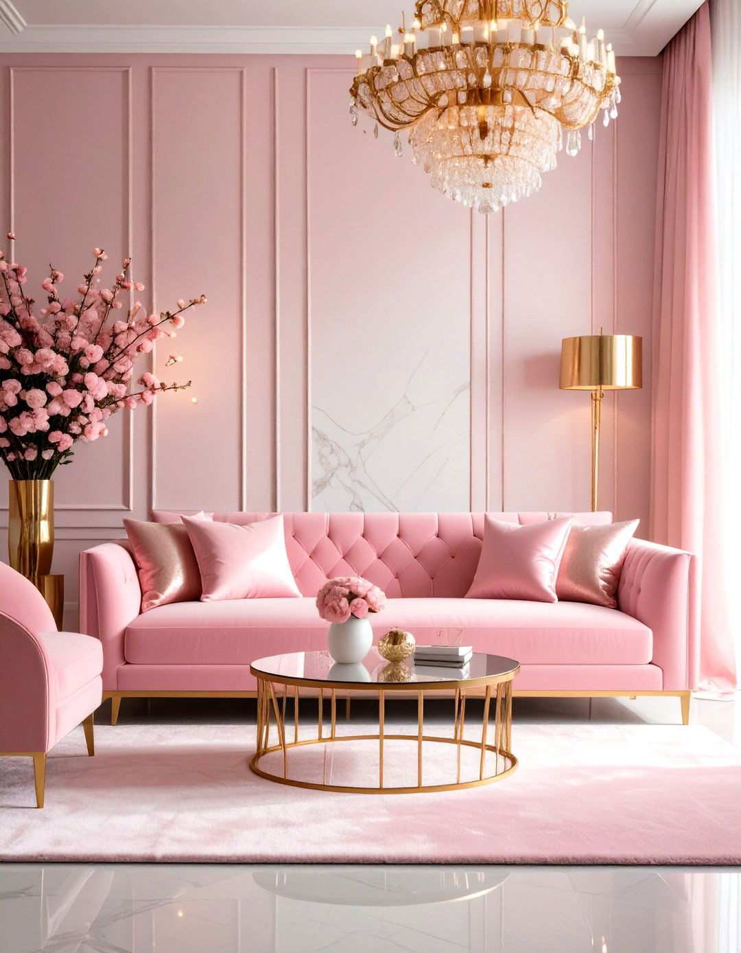 Rose Gold Pink Sofa in Contemporary Glam - 24 Pink Couch Living Room Ideas