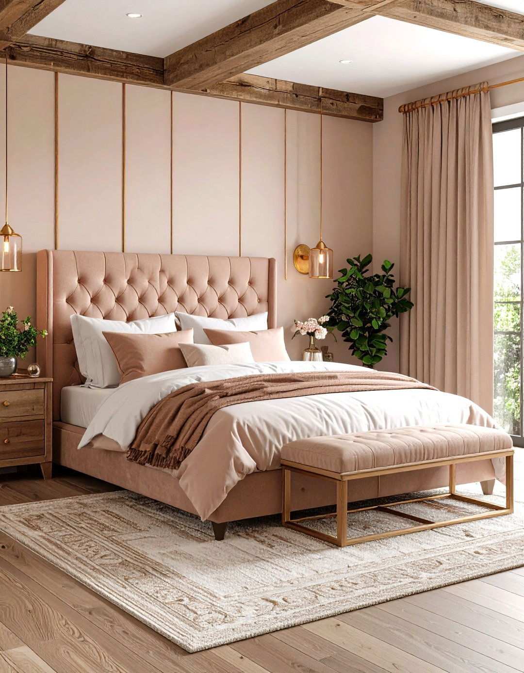 Rose Gold Rustic Bedroom with Wood Accents - 24 Rose Gold Bedroom Ideas