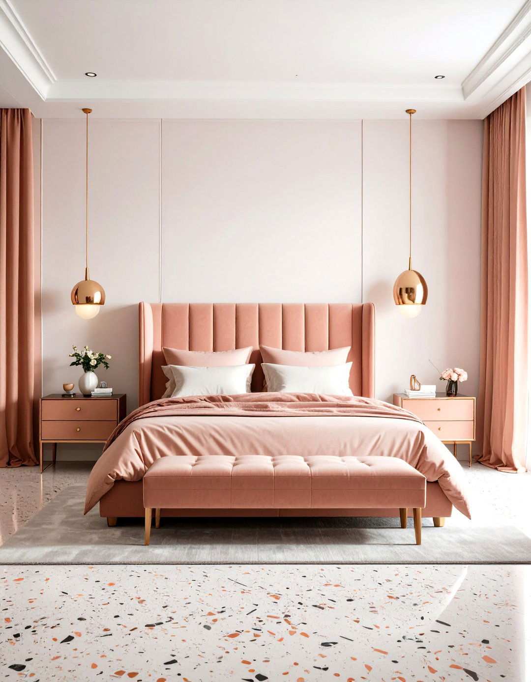 Rose Gold Terrazzo Accent Bedroom - 24 Rose Gold Bedroom Ideas