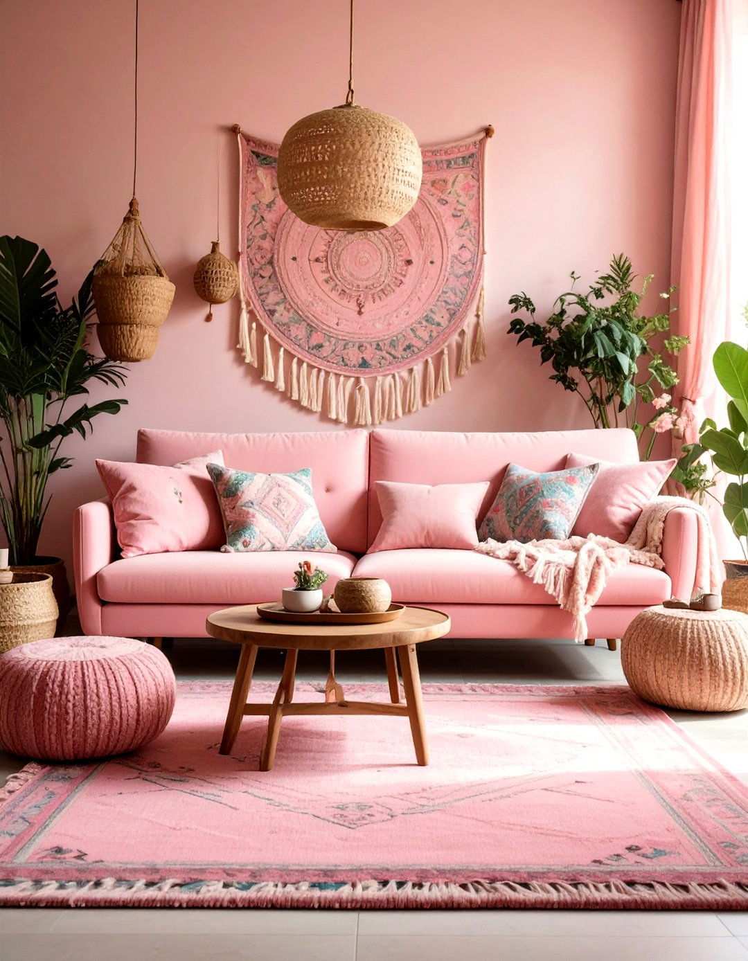 Rose Pink Couch in Bohemian Layered Textures - 24 Pink Couch Living Room Ideas