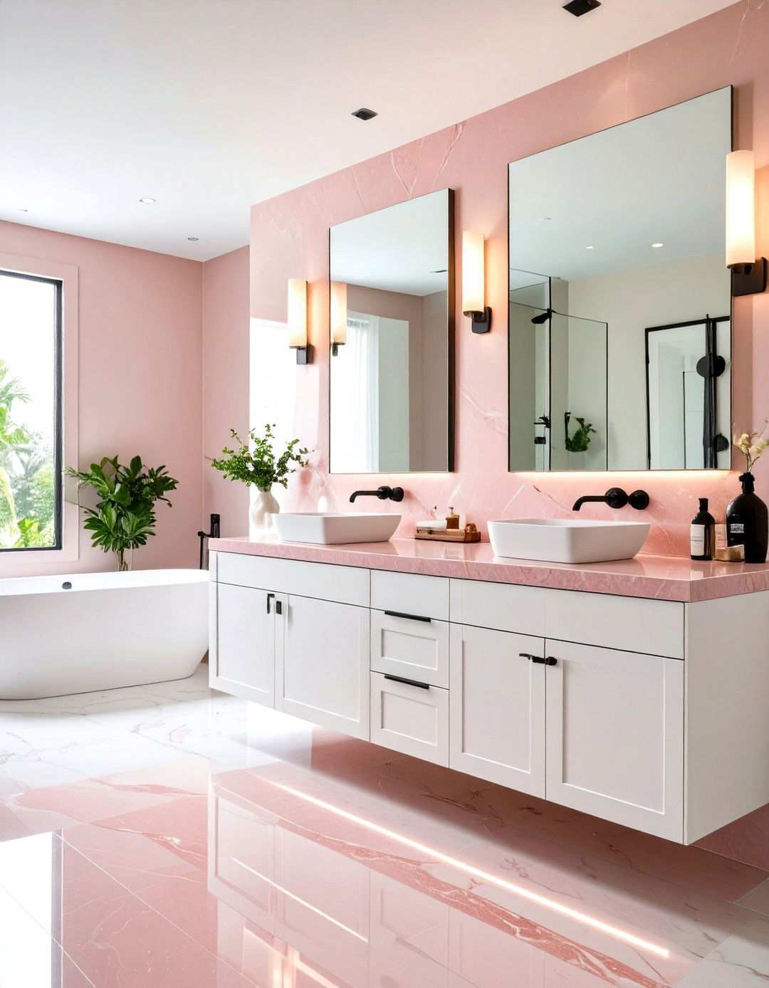 Rose Quartz Countertops with Black Steel Fixtures - 24 Pink and Black Bathroom Ideas